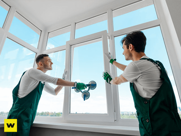 Zwei Handwerker bauen ein neues Fenster mit moderner Verglasung in ein Wohnhaus ein.